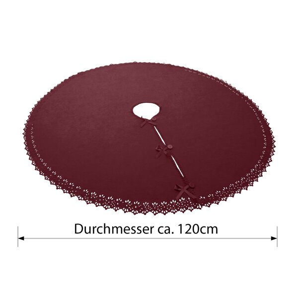 Weinroter Weihnachtsbaumrock mit praktischen Knöpfen und Satin-Schleifen mit einem Durchmesser von ca. 120 cm.