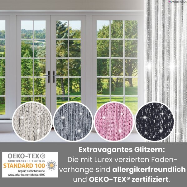 Der mit Lurex veredelte Fadenvorhang in Weiß-silber ist allergikerfreundlich und OEKO-TEX zertifiziert.