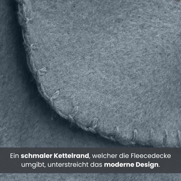 Ein schmaler Kettelrand, welcher die graue Fleecedecke umgibt, unterstreicht das moderne Design.