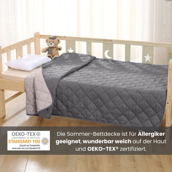 Ein dunkelgraues Steppbett mit dem Hinweis, dass es allergikerfreundlich und OEKO-TEX zertifiziert ist.