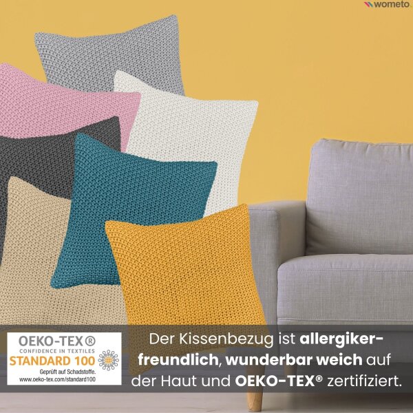 Die einfarbigen Kissenbezüge mit Strickmuster sind wunderbar weich auf der Haut und OEKO-TEX zertifiziert.