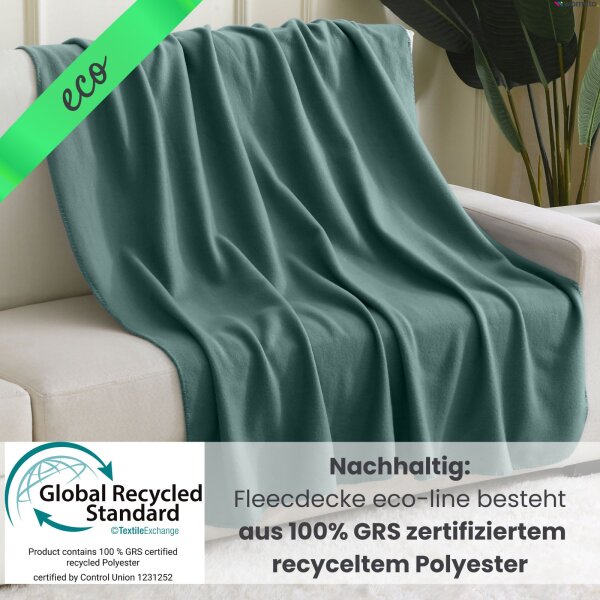 Eine Fleecedecke in Dunkelgrün liegt über dem Sofa. Darunter der Text: Die eco-line Decke ist aus recyceltem Polyester.