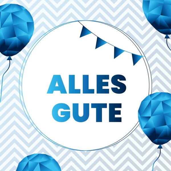 Die in Blau gehaltene Banderole Alles Gute ist mit einem Luftballon-Motiv dekoriert.