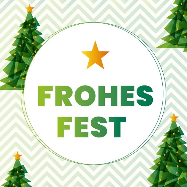 Die in Grün gehaltene Banderole Frohes Fest ist mit einem Weihnachtsbaum-Motiv dekoriert.